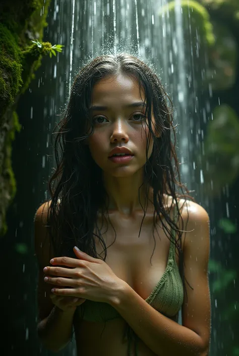 moss girl in the shower, beautiful, detailed facial features, serene expression, relaxed posture, mist, steam, water droplets, mossy rocks, lush greenery, natural light, cinematic, detailed, high resolution, 8K, photorealistic, professional, dramatic light...