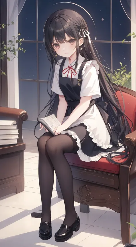  1 Girl, alone,  long hair, dark hair, skirt, ribbon, Sitting, full body, Short sleeve, pantyhose, interior,  earrings,  apron,  Bracelet, foot, Book, Black Stockings,,  Warisa , 持有 Book, Seems stern yet gentle