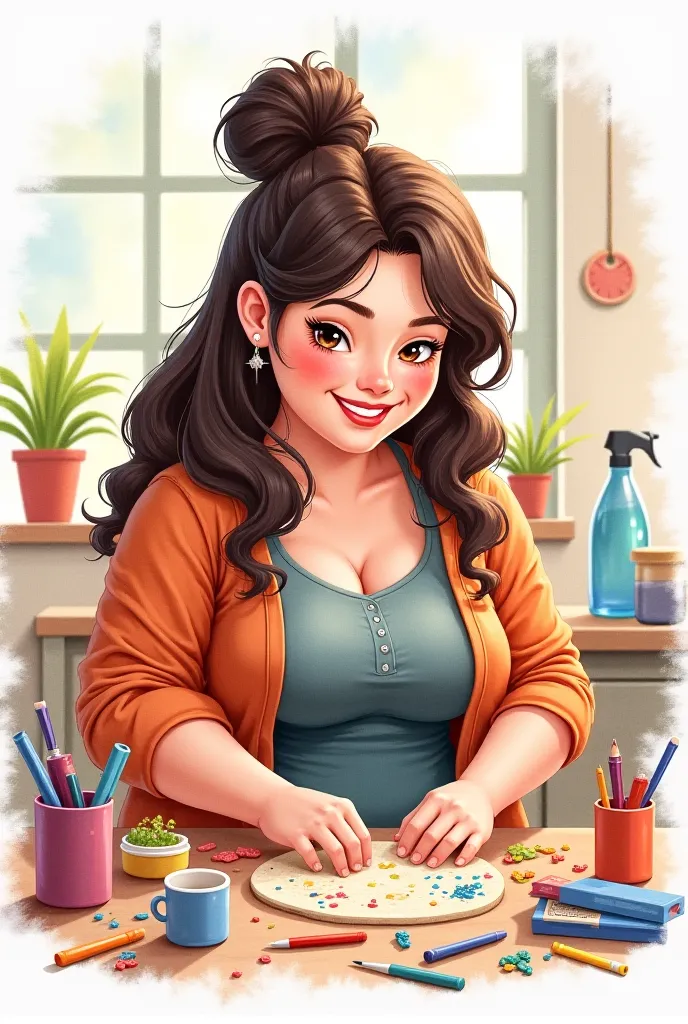 watercolor cartoon style image of a fat brunette woman with long black hair and brown eyes, She is making crafts