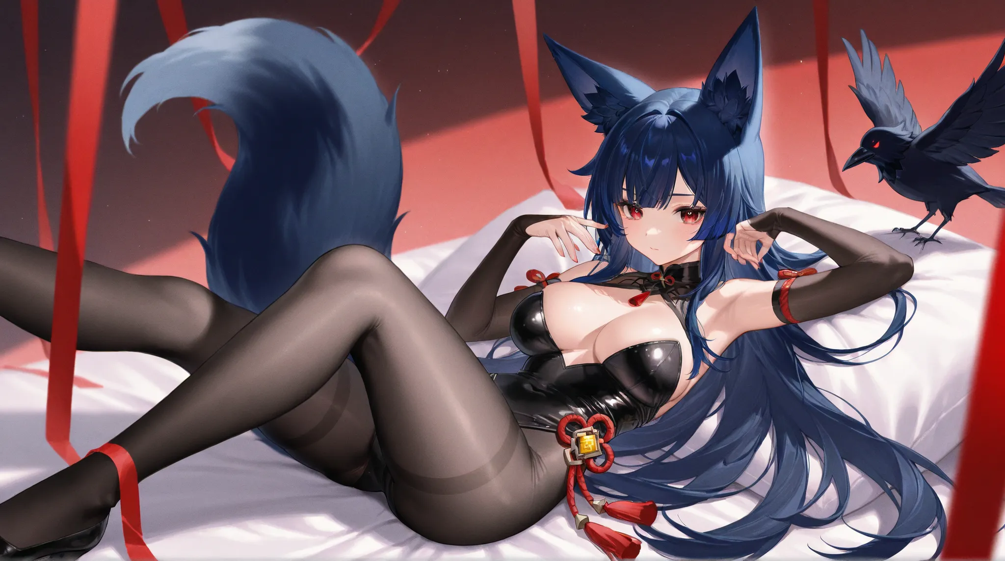  fox ears、Dark blue hair、 long hair、 fox tail 、Two Black Red Eyes、フード付きFeather毛Feather衣、 best thighs、 genshin、Feather、Crow、Black Sword、 beautiful skin on hands、best image quality、highest resolution、black tights