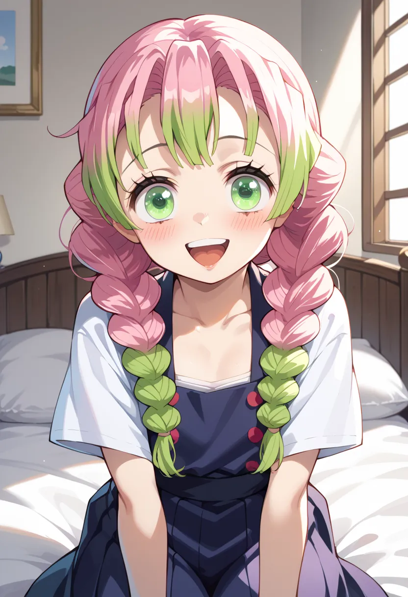 ((top quality)), ((masterpiece)), (be familiar with), perfect face, indoor, bedroom, watching viewers,
One woman, Kanroji Mitsuri,
open mouth, ecstatic expression, blushes, smile,
 small tits, flat chest, Young girl,  lori,  ,  girl,
long hair, braids,
 op...