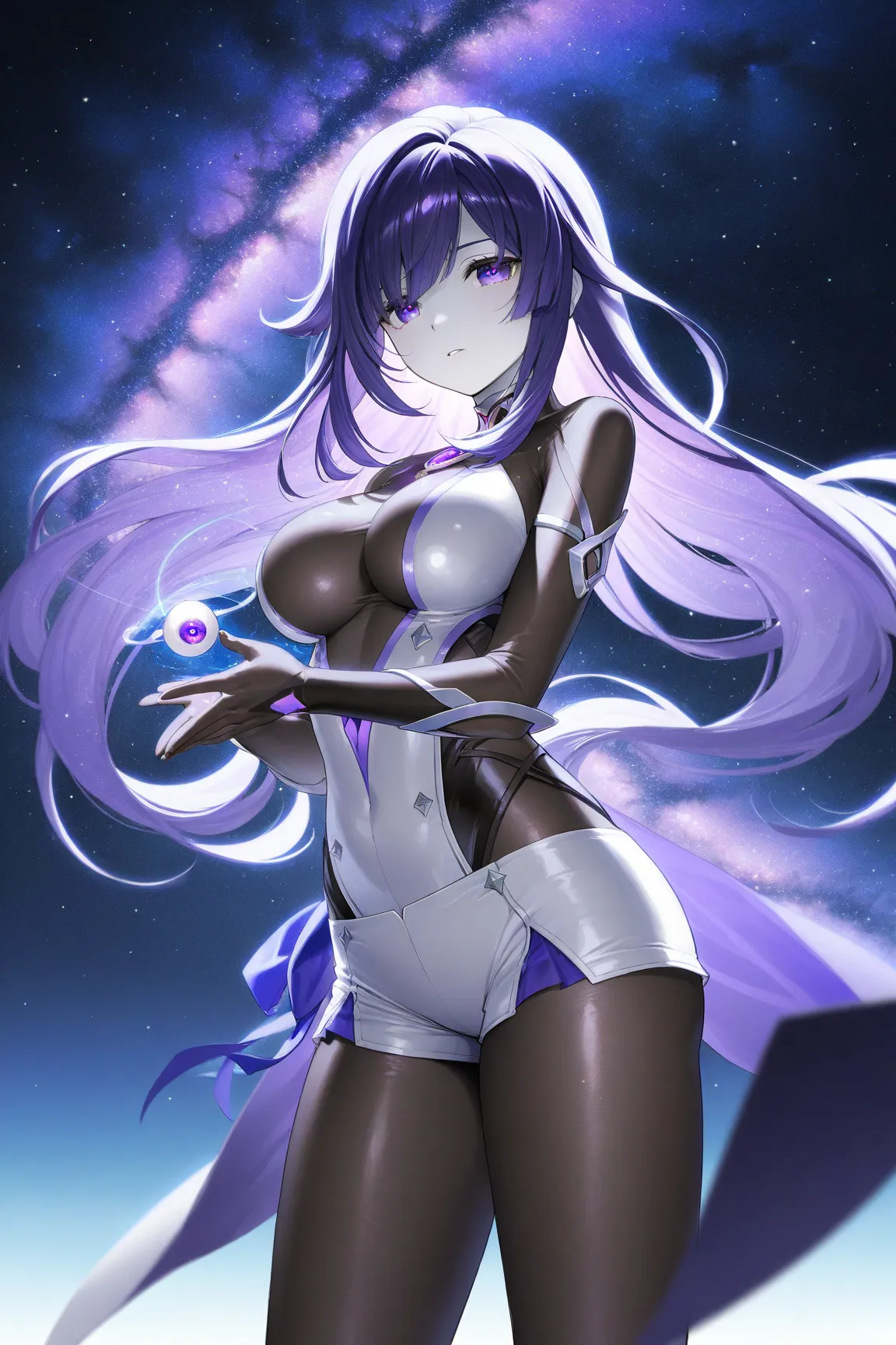 best thighs、  Genshin 、 beautiful skin on hands、clear shadows、 Shining purple hair  、long hair、purple eyes 、 black tights、 bodysuit、mechanical、Hem length、best image quality、Milky Way、white skin、beautiful breasts、white shorts、eyeball