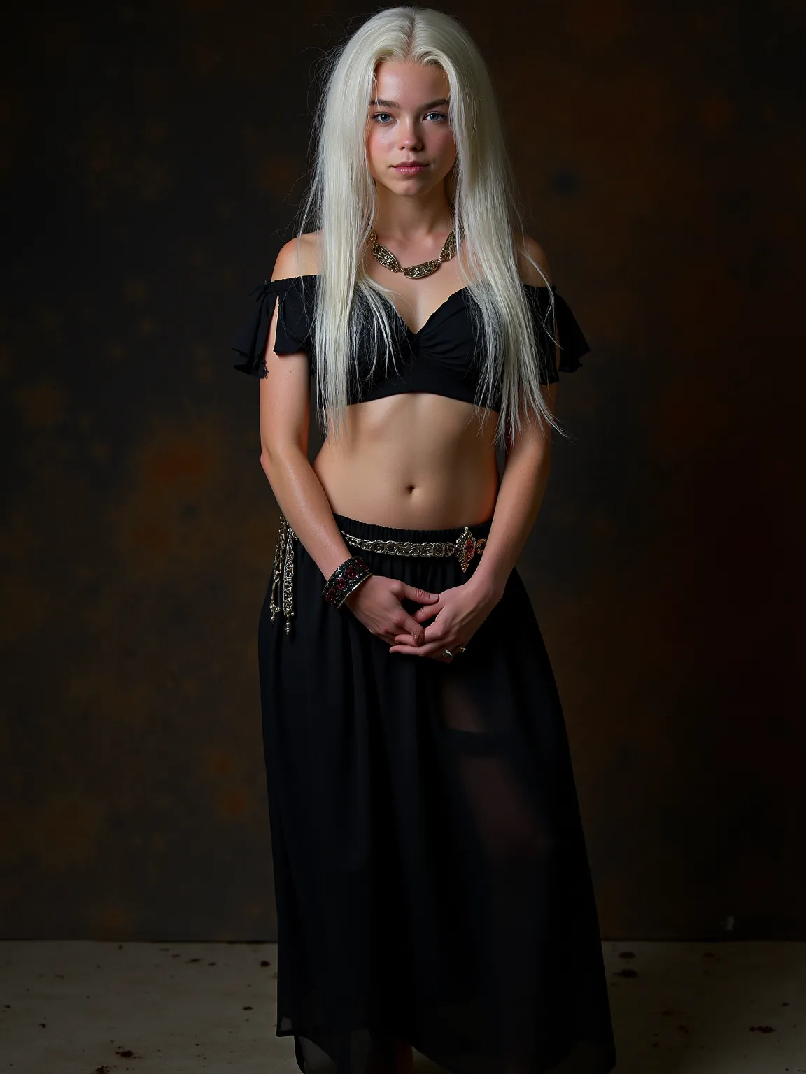 Professional photo of 15-year-old Rainyra Targrien wearing a lightweight black medieval skirt , Topike .  open belly , open shoulders , Open legs.  stockings. Rainyra on a dirty bed  , you can clearly see the ass . hand jewelry , foot decoration.  She has ...