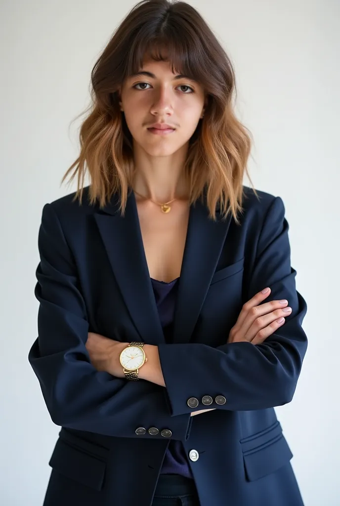 18-year-old ager who is 176 tall wearing a dark blue blazer, a gold watch on her left arm and 
Dating ring hair and cut in the gradient hair thrown forward with bangs wavy hair defined in a 
White studio with arms crossed perfect photo to post on Instagram...