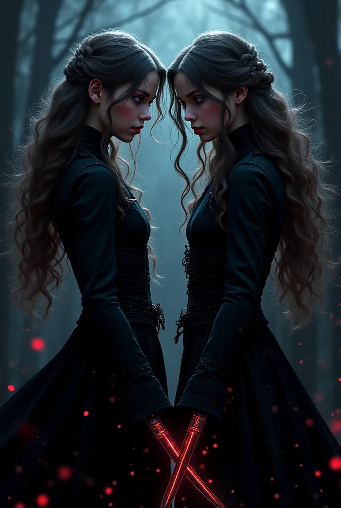 Wavy haired girls with two dragon-tooth daggers in their hands, one red and one blue dressed all in black 