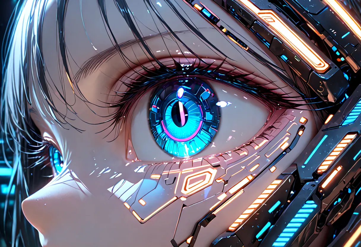 A highly detailed close-up of a cybernetic eye implant, seamlessly integrated into human skin. The eye glows with neon blue circuits, surrounded by intricate metallic components and biomechanical enhancements. A fusion of organic tissue and advanced techno...