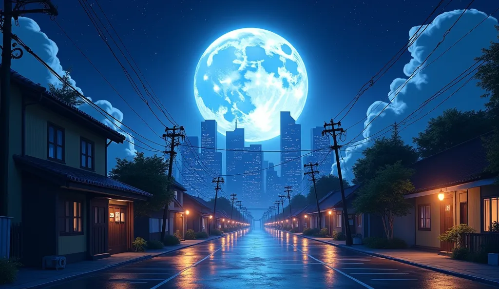 "A breathtaking ultra-HD anime nightscape of a quiet urban street, illuminated by the soft glow of streetlights and a massive, radiant full moon dominating the deep blue starry sky. The city skyline in the background features towering skyscrapers with coun...