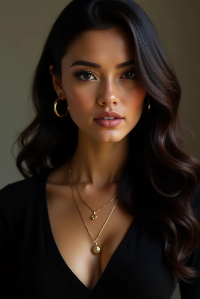 Realistic photo of a woman with the following physical characteristics: medium height, slim and elegant build, long and wavy dark brown hair that is thick and voluminous, sharp and symmetrical facial features, deep and captivating dark eyes, medium olive-t...