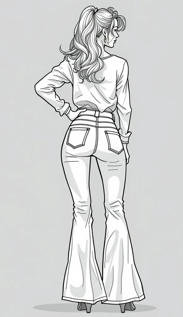  line graphics masterpiece,mature slutty diva,seductive flared jeans,blouse, turns back