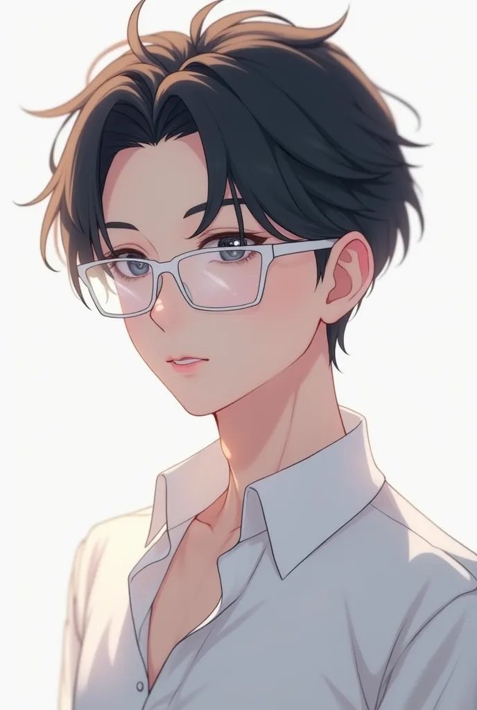 The anime character is a handsome boy with a beautiful jaw and no hair. He wears white protective glasses and his skin is white and wears a white shirt and no hair