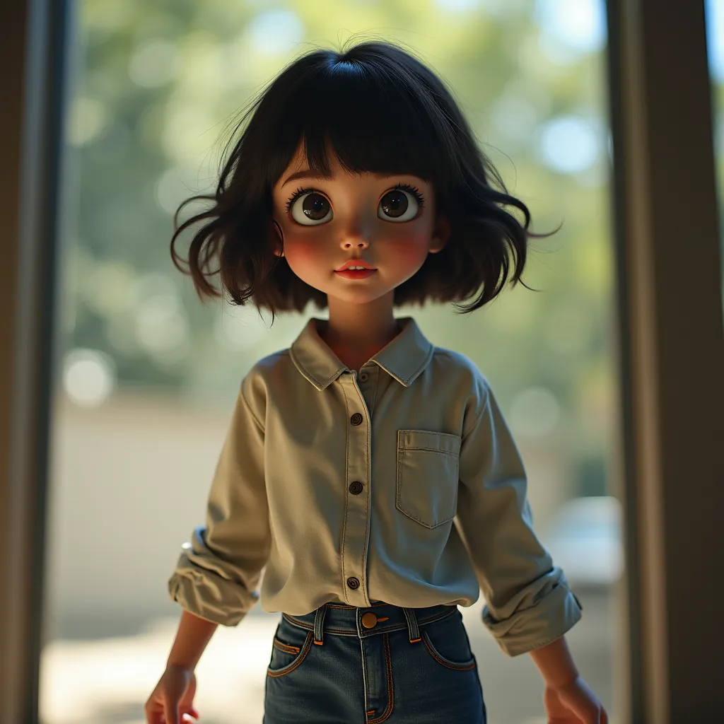  a girl,  short dark hair , long-sleeved shirt and jeans, converse, pretty face,  of foot, Expectation expression, poses dynamic, film appearance, natural, shadow and sunlight, ambient lighting, aesthetic, ultra high resolution, sharp focus, slurp, detaile...