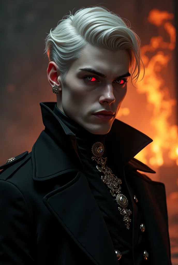 Digital illustration of a white Gothic-aristocratic male character with short hair and bright red eyes, pale skin and intense look. Wear historic black formal clothes/vampires, coat with high collar, Soap branco e anel ornamentado. Background with fire beh...