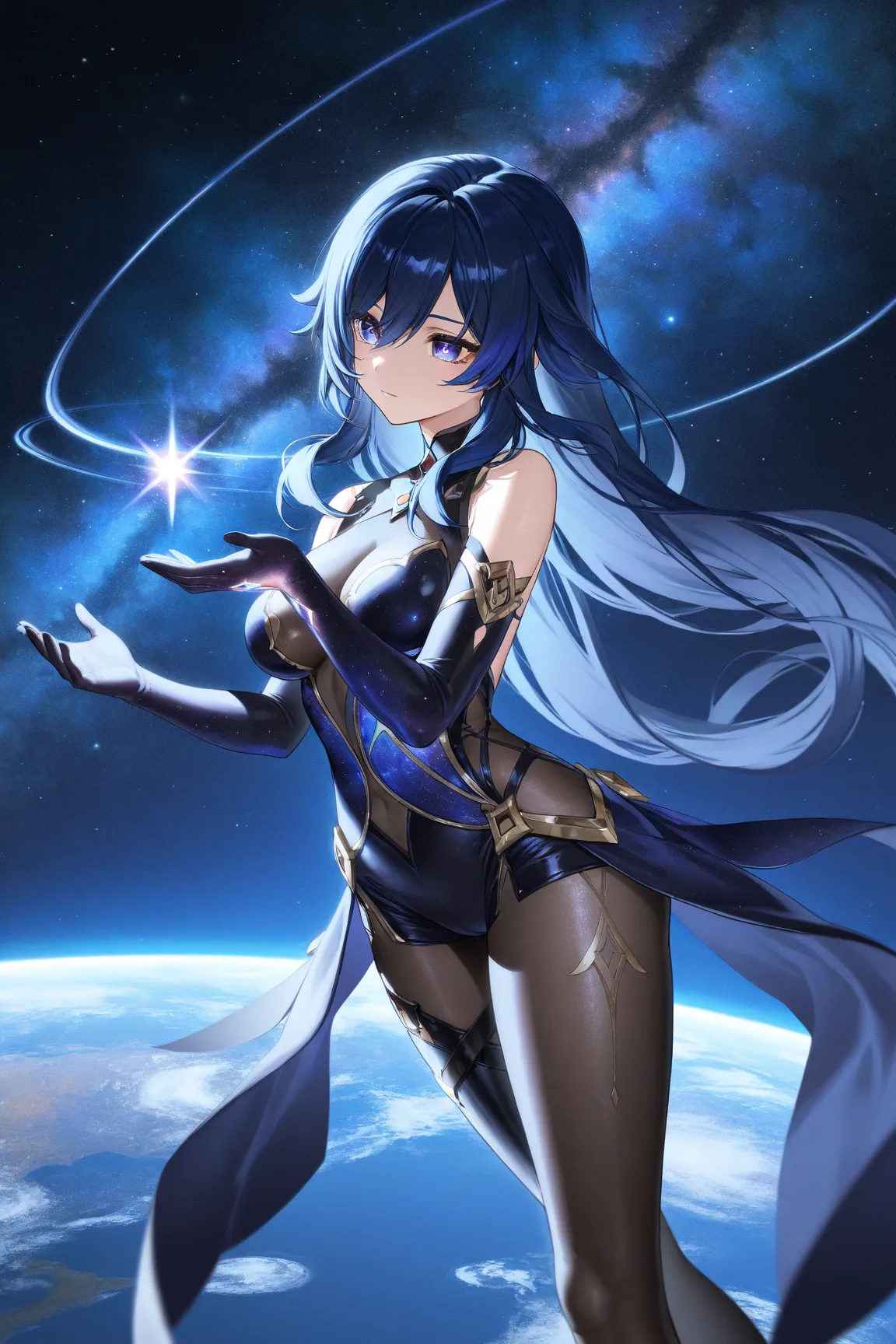 best thighs、 genshin 、 beautiful skin on hands、clear shadows、Dark blue hair 、long hair、Galaxy Eyes 、 black tights、 bodysuit、mechanical、Milky Way、best image quality、 planet