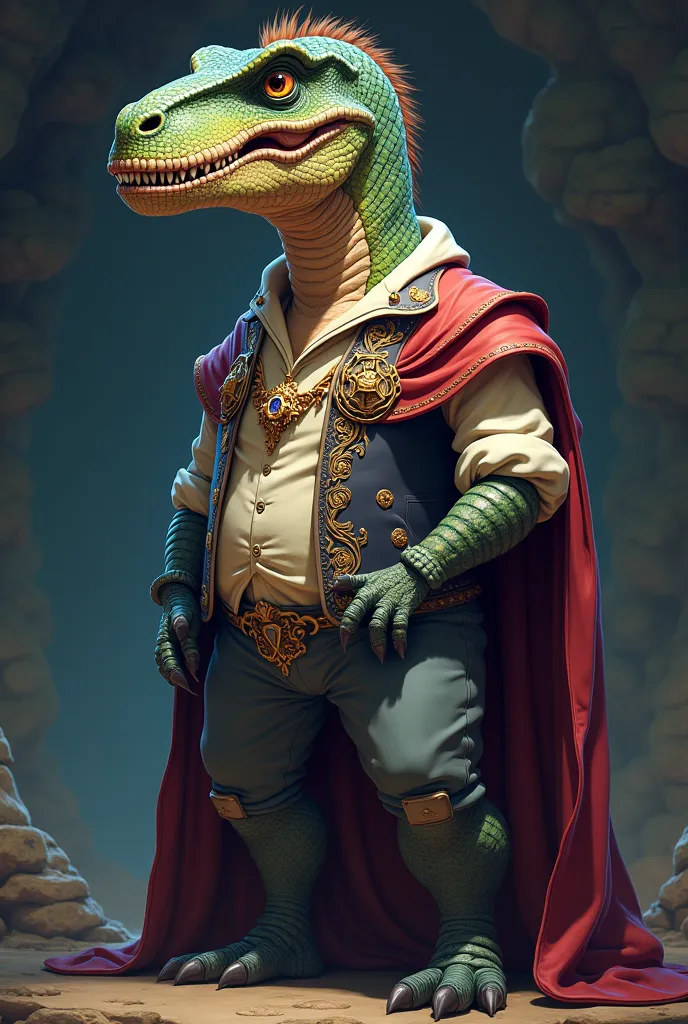 The head is a dinosaur, the body is a normal human, wearing a shirt, pants, dressed like a prince, the background is deep, I want to see the cartoon lines, see the whole body.