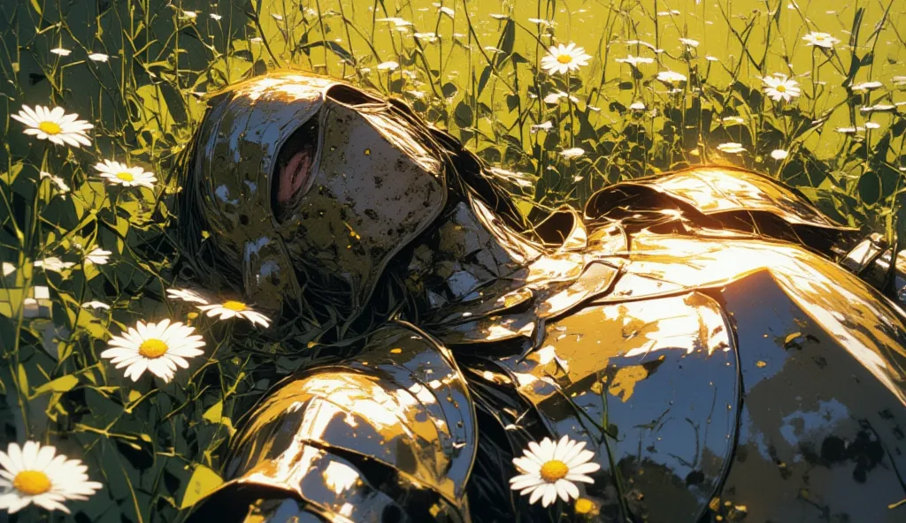  Create an image, on which, in the, covered with white and yellow daisies, lies a knight in full metal armor. Shiny plates reflect the sun's rays, creating a light glow. the knight is lying, as if resting, in the thick grass , and warm sunlight highlights ...