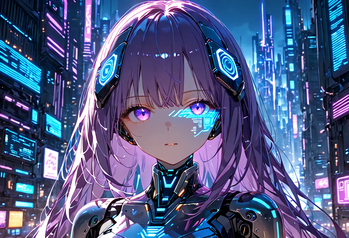 A futuristic cyborg with a glowing cybernetic eye, displaying augmented reality data streams and holographic projections. The eye emits a soft neon glow in shades of blue and purple, with intricate mechanical details. The face is partially covered in metal...