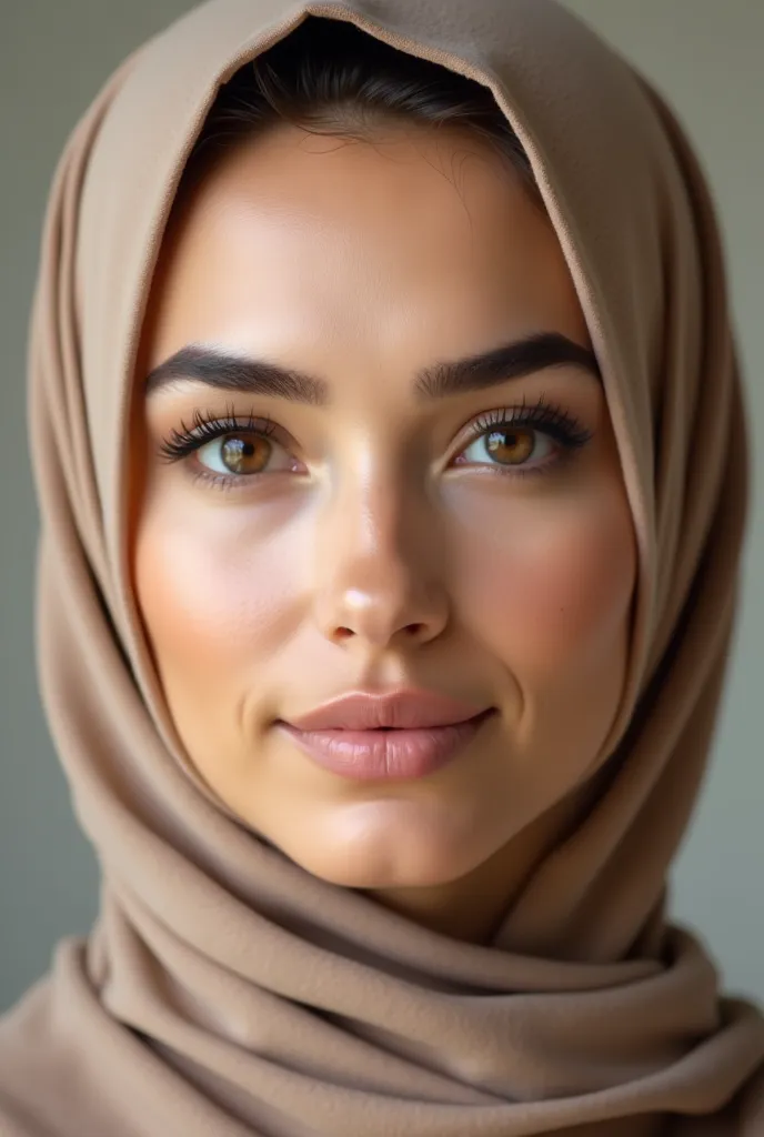 A full view of a real, natural-looking woman’s face and neck. She has large, wide eyelids that are clearly visible, making them suitable for adding markings or lines. Her eyes are brown, with well-groomed yet natural eyebrows and moderately long eyelashes ...