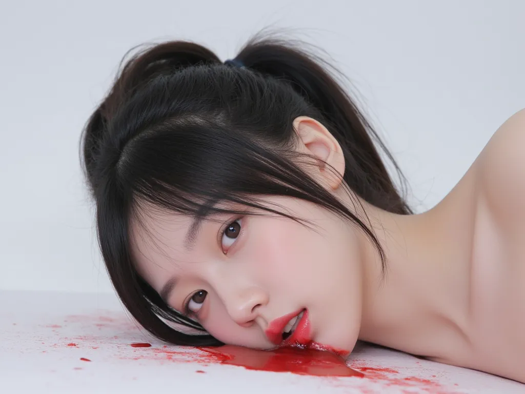 A very cute Japanese young girl's decapitated head lying on a table. No shoulders, no neck. She looks half side view, looks straight.She has beautiful , smooth, black ponytail hair with bangs.  There was a lot of blood coming out of her mouth and under her...