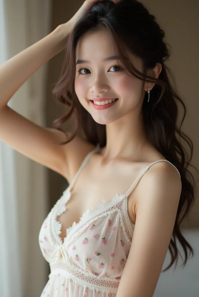 Best quality, 
High resolution, Smiling 25yo sylphlike Southern vietnamese wearing tight white lace nightgown with tiny strawberry pattern, thin strap, 30aa, with tiny knot in the center of collar, show underarm to camera by raising hand