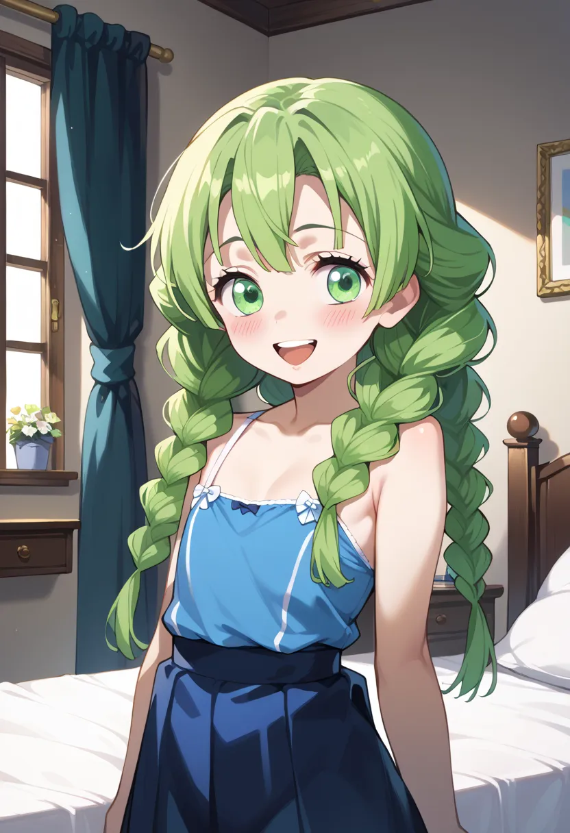 ((top quality)), ((masterpiece)), (be familiar with), perfect face, indoor, bedroom, watching viewers,
One woman, Kanroji Mitsuri,
open mouth, ecstatic expression, blushes, smile,
 small tits, flat chest, Young girl,  lori,  ,  girl,
long hair, braids,
 op...