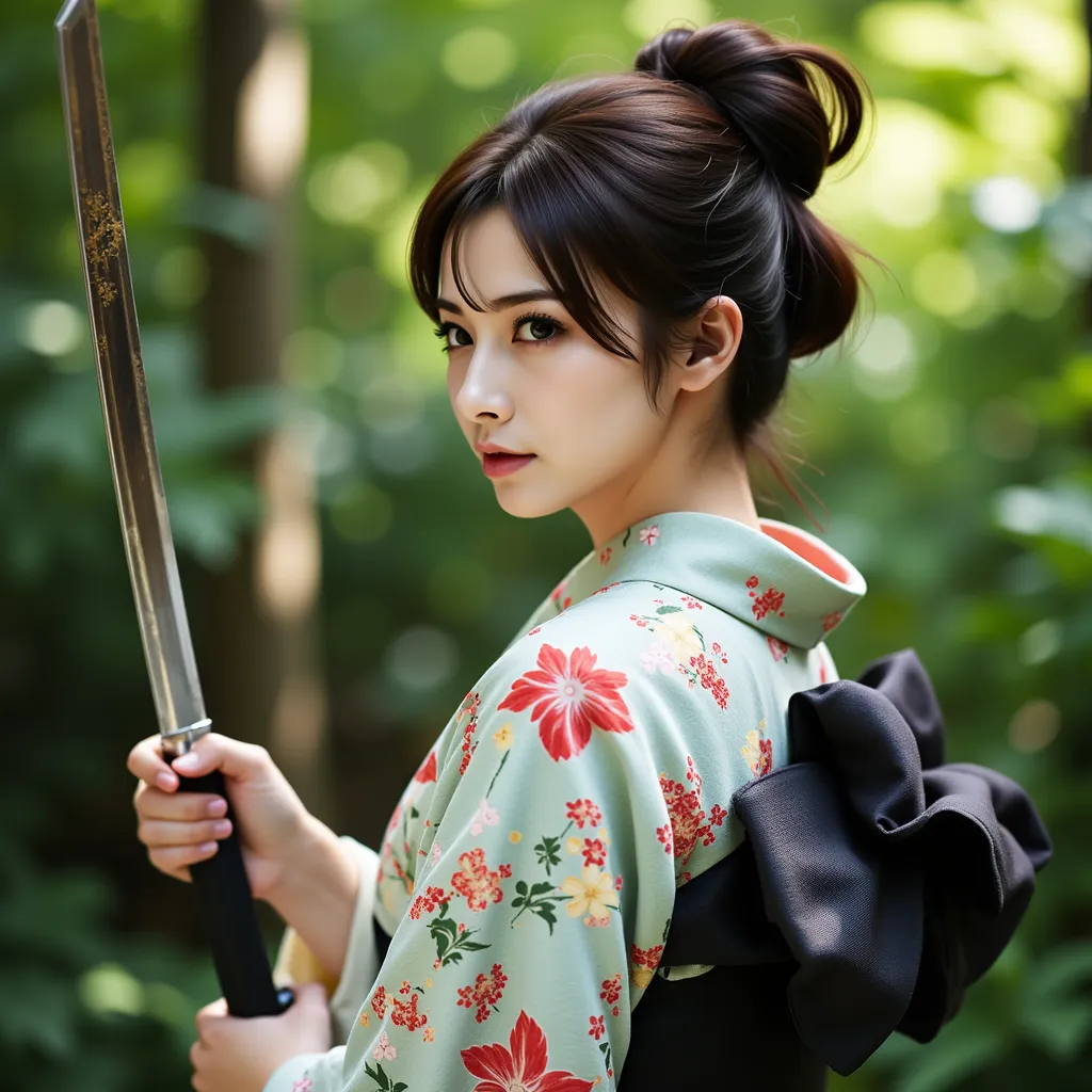 an asian woman in komono holding a katana bravely 