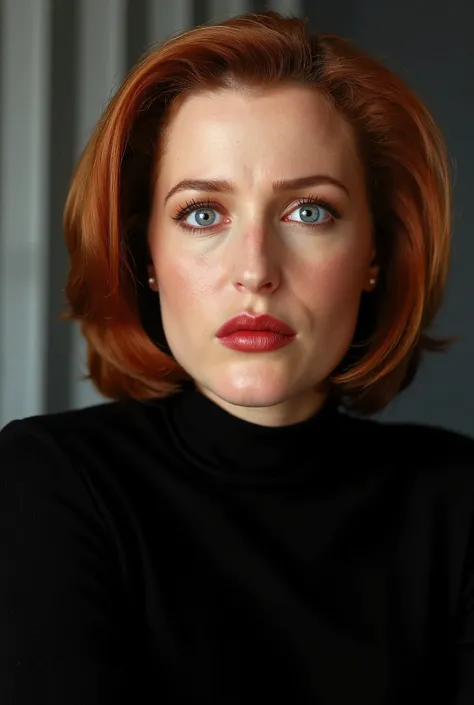 realistic photo of young pretty Dana Scully; The image showcases her natural beauty, focusing on her flawless skin and delicate features; The lighting enhances her features, creating a soft interplay of light and shadow, while the high-resolution quality ...