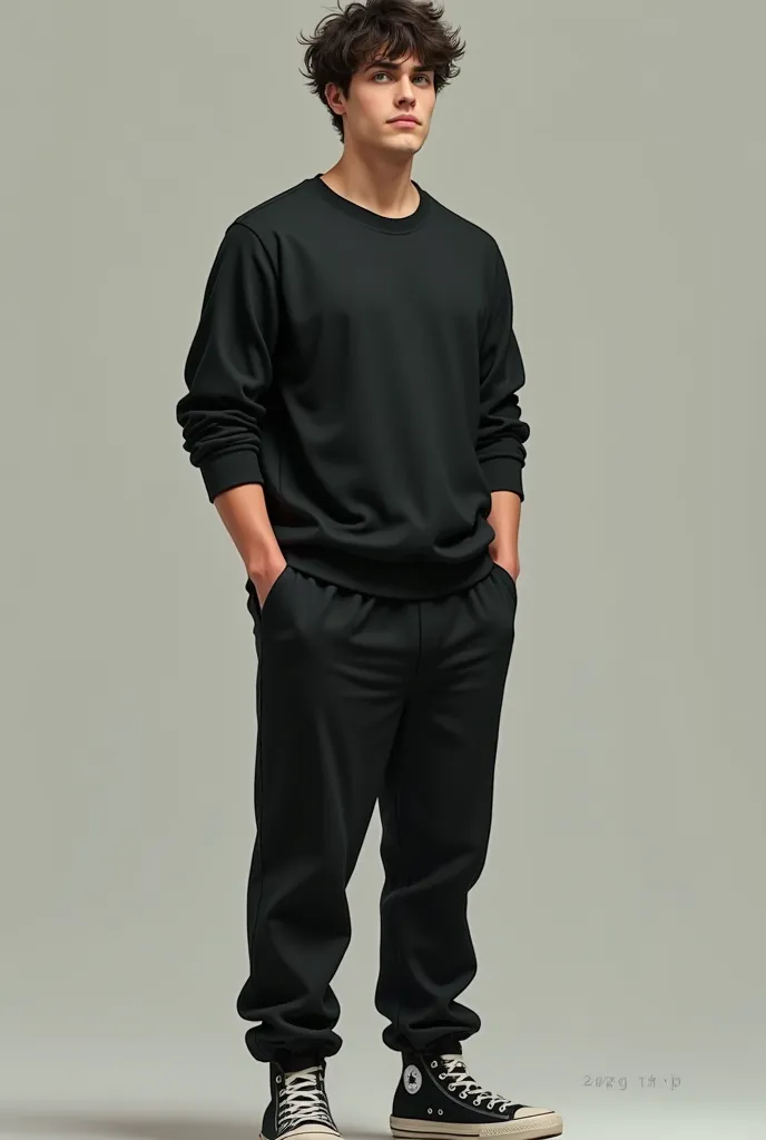 Create realistic,  A TALL MAN, Half pale, with slight dark circles, slightly wavy short messy hair, expressive eyebrows, green almond eyes. He wears a black long sleeve t-shirt, a pair of black sweatpants, And black high-top sneakers. He is a math teacher,...