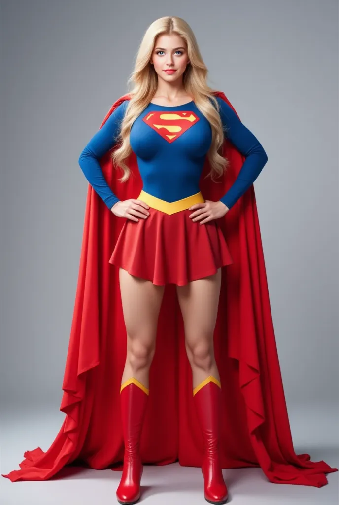 Full-body portrait. A busty blonde Superwoman with extremely long ivory-blonde hair. She wears the iconic Supergirl costume. She stands confidently at a tranquil gray background. Heroic power pose with hands on hips. She wears a long red cape that extends ...