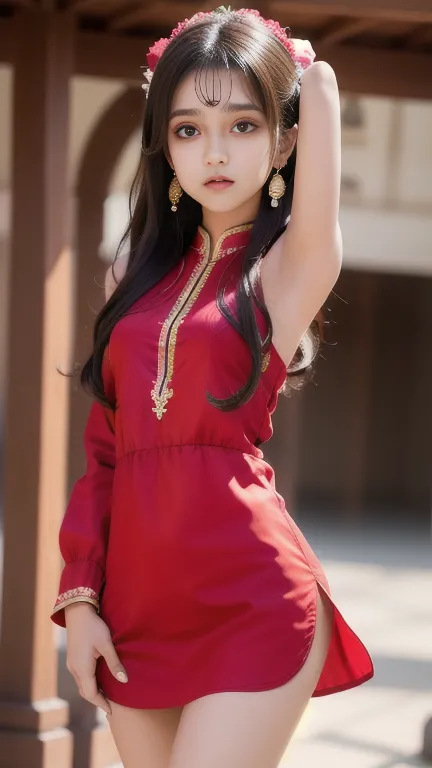 8K, ultra high detailed small indian girl, crying expression, long hair, impressive hairstyle, detailed eyes, detailed lips, small indian sexy girl, Naked pubis, she has thick thighs, short height, little innocent face , tears in eyes, wearing full red sho...