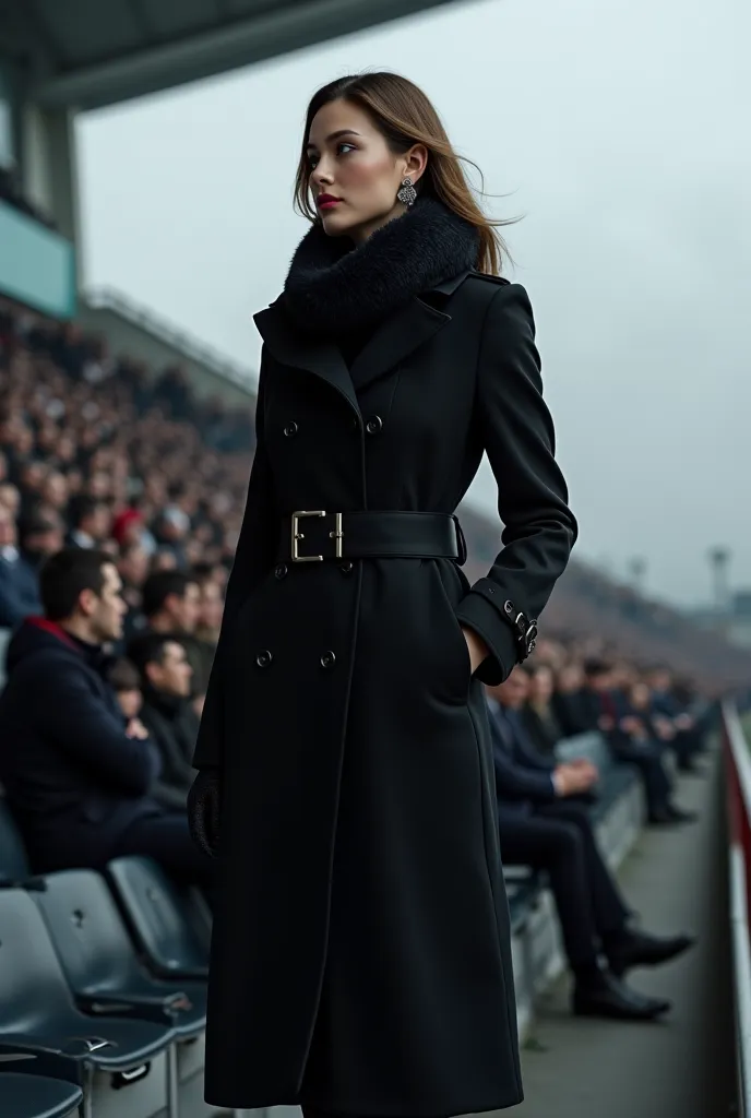 Beautiful and skinny woman and millionaire dressed in a long black trench coat and black winter boots and black pants and a large black scarf and black gloves in a stadium in the seated grandstand