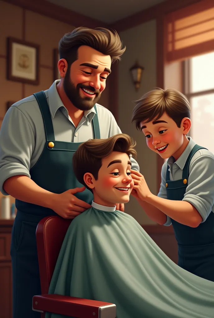 from behind of father son is having a hair cut from barber 