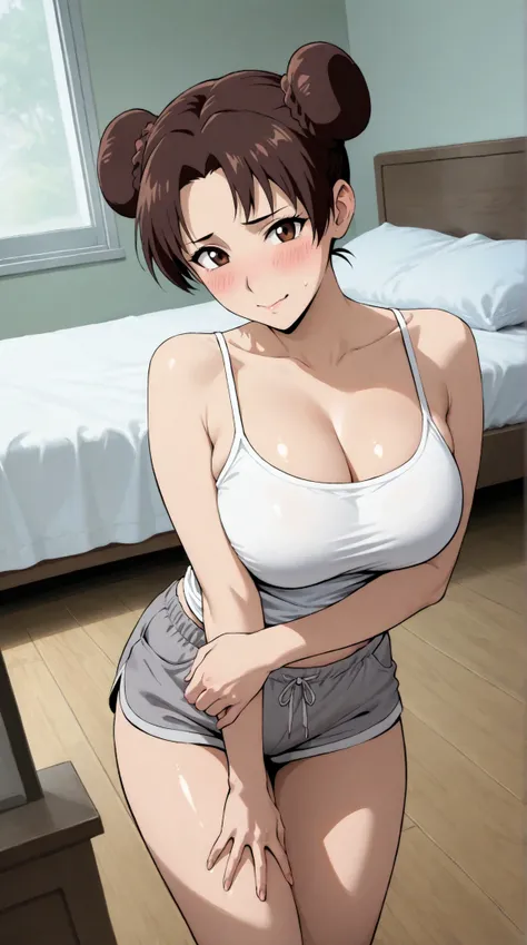 masterpiece, extremely detailed,perfect skin texture,4k,solo,1girl ,((fullbody)),tenten, double bun,girlish face,blush,mature,sexy legs,perfect body,large breasts,cleavage,white tank top,grey shorts,housewife, high detailed, best quality, upper body,bed ro...