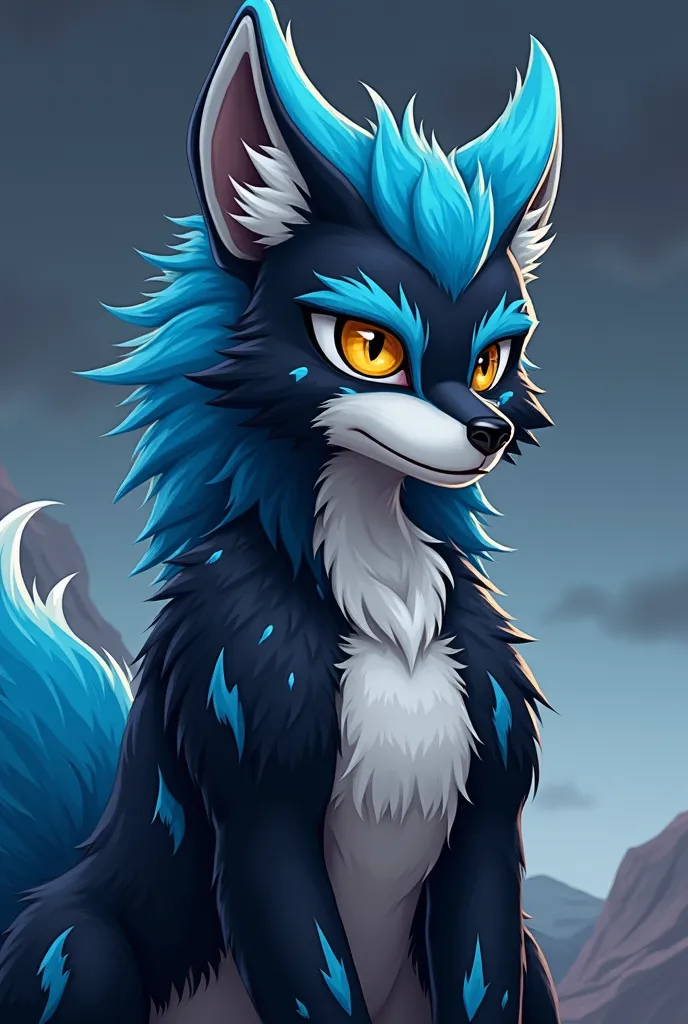 A striking anthropomorphic character stands prominently in a stylized design, showcasing a blend of sleek fur and vivid colors. This character features a Wild African dog-wolf hybrid predominantly black and white and blue fur with eye-catching blue highlig...