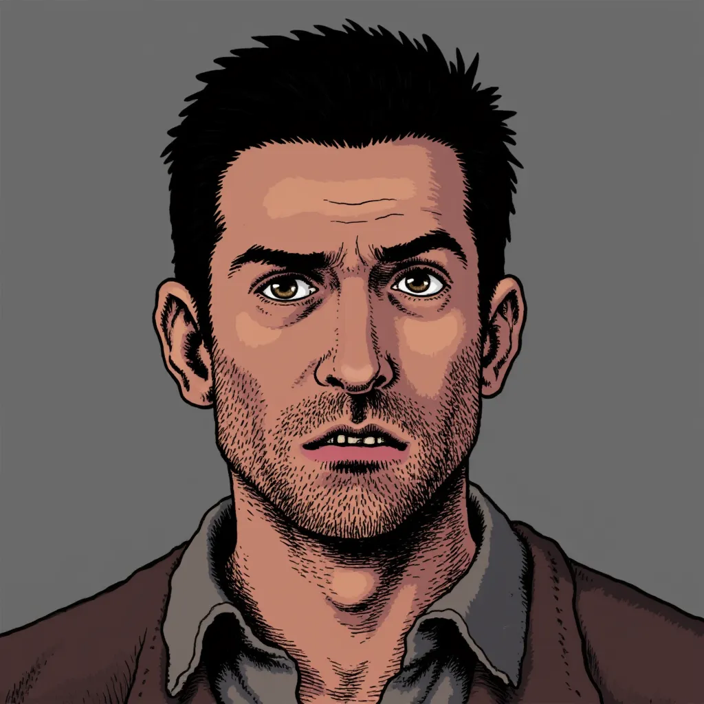 A 2D game view, 2d view comic-style head model of jeffrey dean morgan, clean-shaven, depicted in the distinct visual style of *Telltale's The Walking dead*. The image features bold outlines, cel-shading, and expressive facial details, capturing a dramatic ...