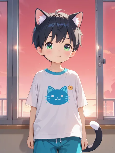 1boy, type-g, cat boy, black hair, green eyes, smile face, loved face expression, indoor, outside, window, shirt, shorts, sunset, red sky, tail,