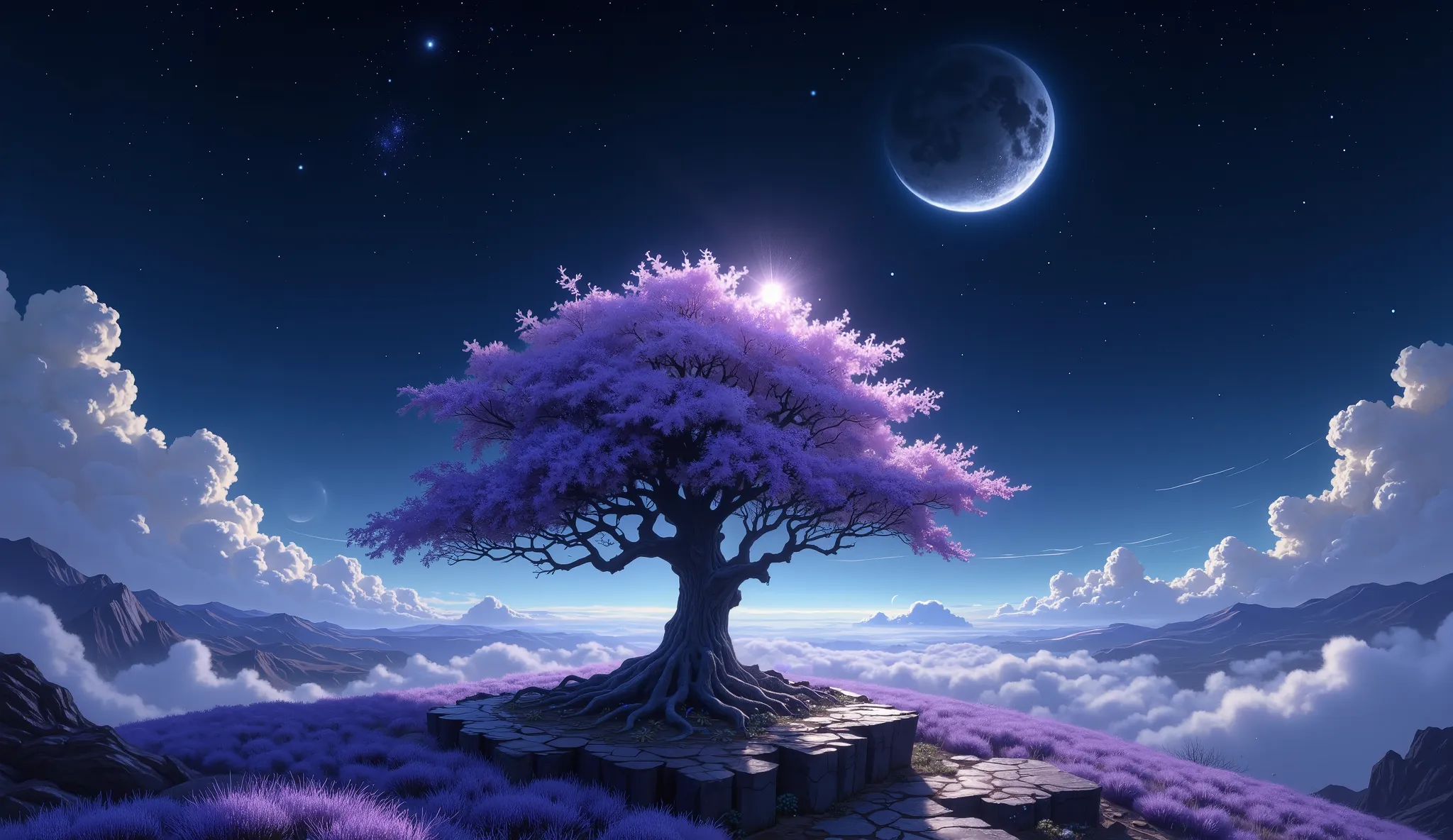 A tree in space，moon in the sky, Light violet and light indigo style., anime art, Night, Fantastic collage,  shining dimly , UHD Image, influence of Zen Buddhism,dreamer,16K
