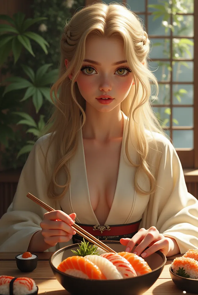 with long blonde curls, full lips and green eyes in Japanese clothes, a braid in the hair, sitting at a table and eating sushi.
