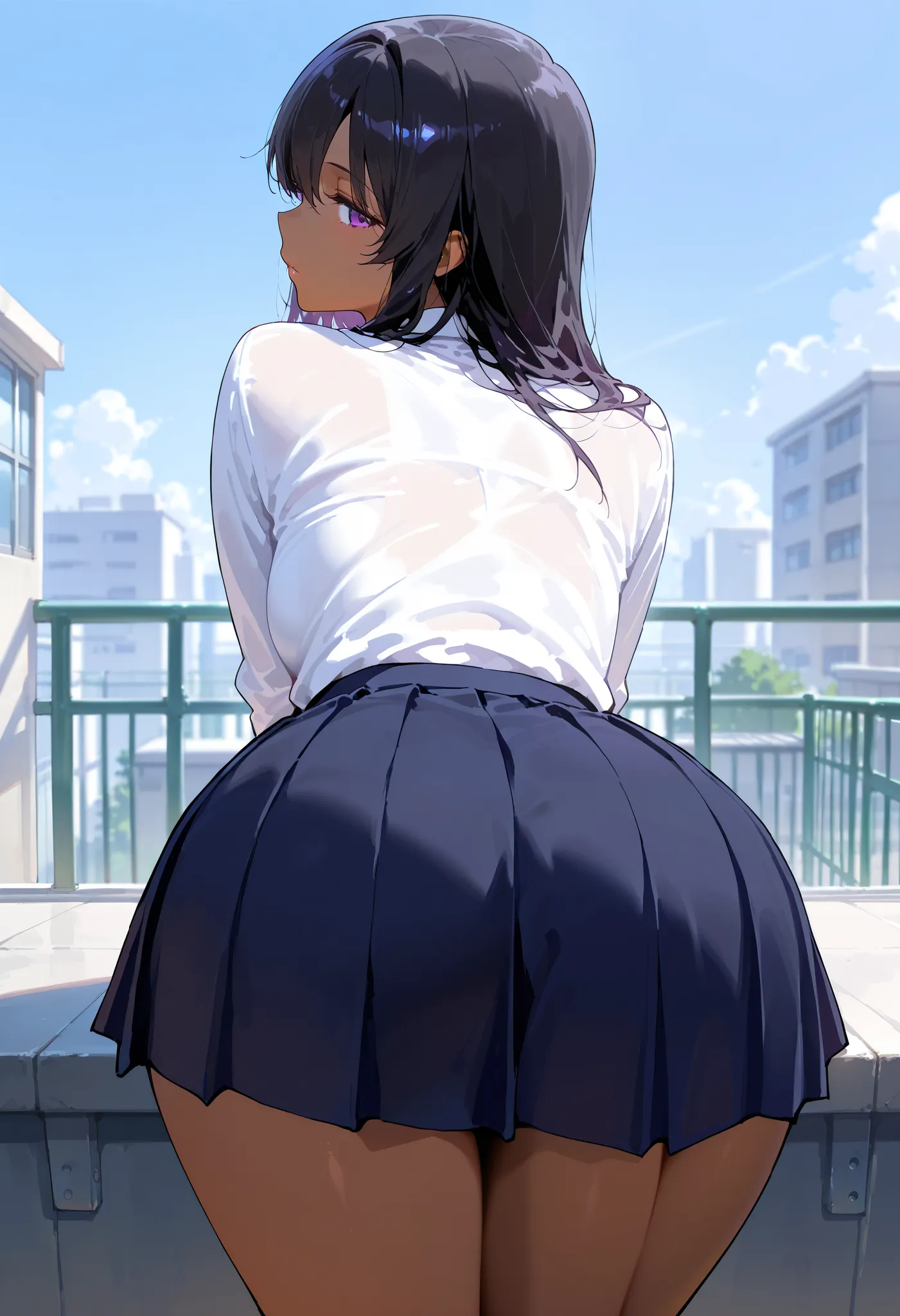 Masterpiece, Best Quality, Beautiful Girl, Purple Eyes, Blake, Long Black Hair, Dark Skin, School Uniform, White Shirt, Skirt, Facing Back, Leaning Forward, Facing Butt, School Rooftop,