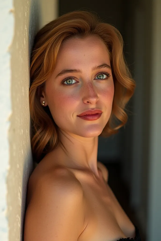 a realistic photo of young pretty Gillian Anderson. The image showcases her natural beauty, focusing on her flawless skin and delicate features. The lighting enhances her features, creating a soft interplay of light and shadow, while the high-resolution qu...