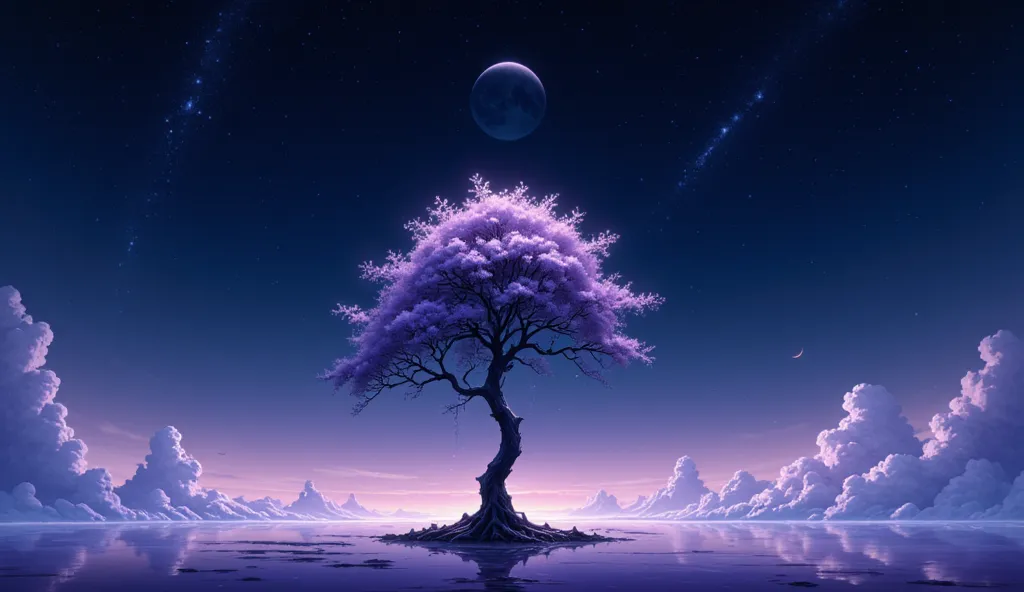 A tree in space，moon in the sky, Light violet and light indigo style., anime art, Night, Fantastic collage,  shining dimly , UHD Image, influence of Zen Buddhism,dreamer,16K
