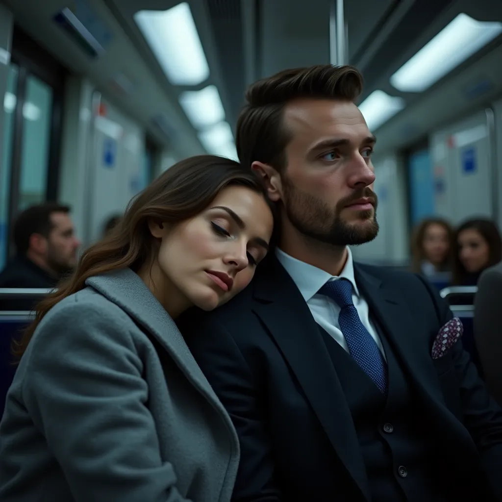 Ultra-realism format. Best quality and detail. A well-dressed man and a woman sitting together in a subway train. The woman, wearing a stylish gray coat, has fallen asleep with her head resting on the man's shoulder. The man, dressed in a formal suit with ...