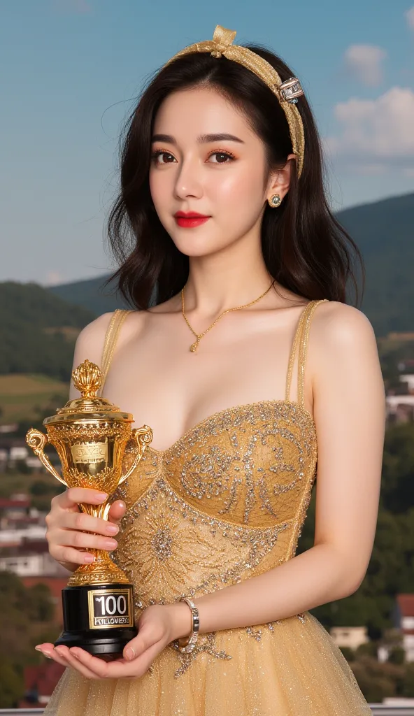 (Plump muslce:1.5) a plump muscle Korean woman in wet gold bling-bling ornament dress holding small trophy cup written "100followers" On the stage awards , seductive pose, relax pose , dynamic pose photo, korean Milf, sexy body,  short smoothy straight dar...