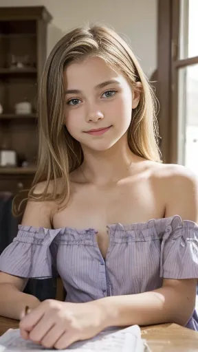 (A thirteen-year-old girl: 1.5) ,  beautiful,  light blond ,  face with soft European features,   Dressed in a short dress ,    the strap falling off her shoulder revealing part of her small breast,  Sitting at the dining table above the living room  ,    ...