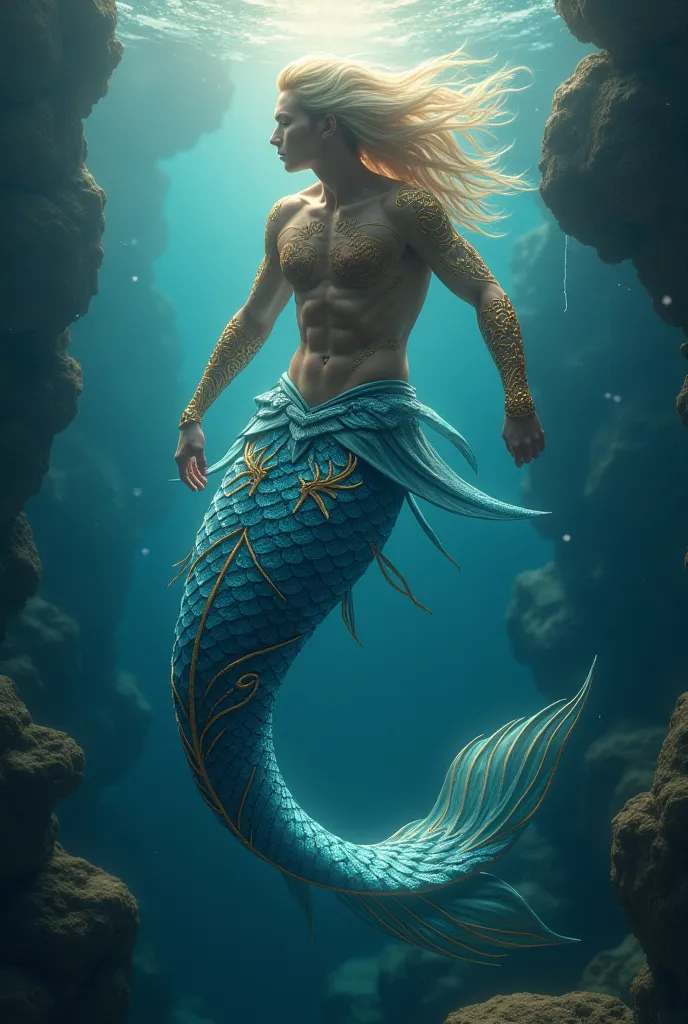 A male mermaid tail, with blue scales that bear golden lines and looks shiny, That it looks like it is swimming to the right side and that it looks like a prince's tail 