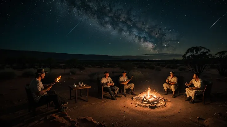 Dinner under the stars near Uluru, with traditional Aboriginal music playing in the background, torches illuminating the area and the rock visible in the distance, realistic photography style, cinematic lighting, high dynamic range (HDR), 8K resolution, ph...