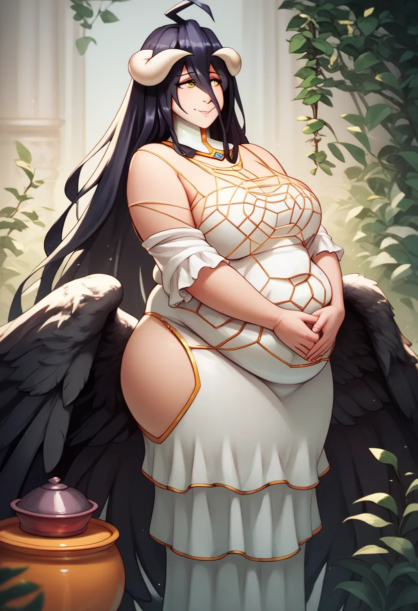 art by metalforever, Albedo, white dress, long black hair, chubby body, pot belly, intimate, looking to the right, in nature, cartoon, hands behind body, no extra details, no extra fingers, 1girl, 25 year old