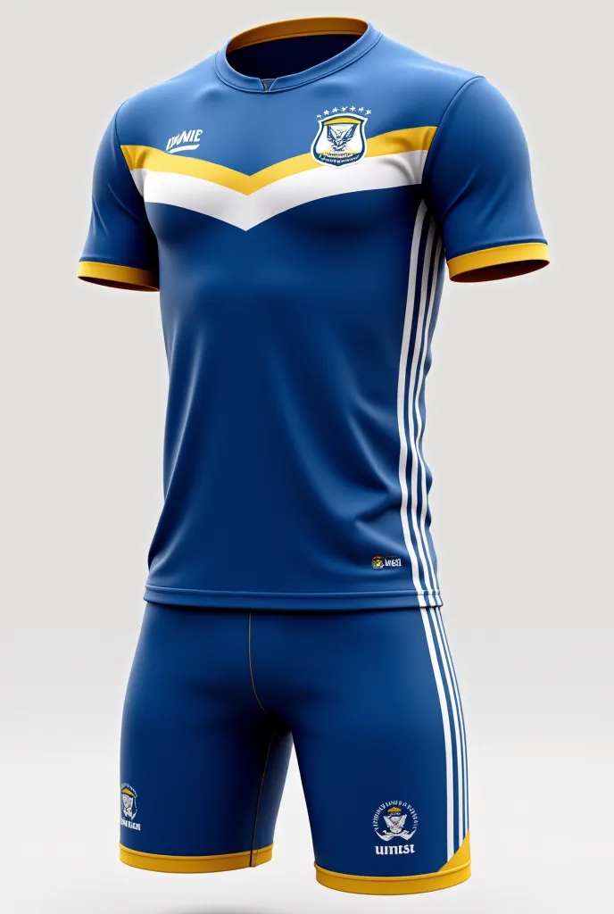 Make a sports outfit , shorts and short t-shirt for volleyball , that says UNSL on the shirt and pants and that has numbers and leaves space for the UNSL shield . that respects the colors blue , white and yellow on the edges or in smaller quantity