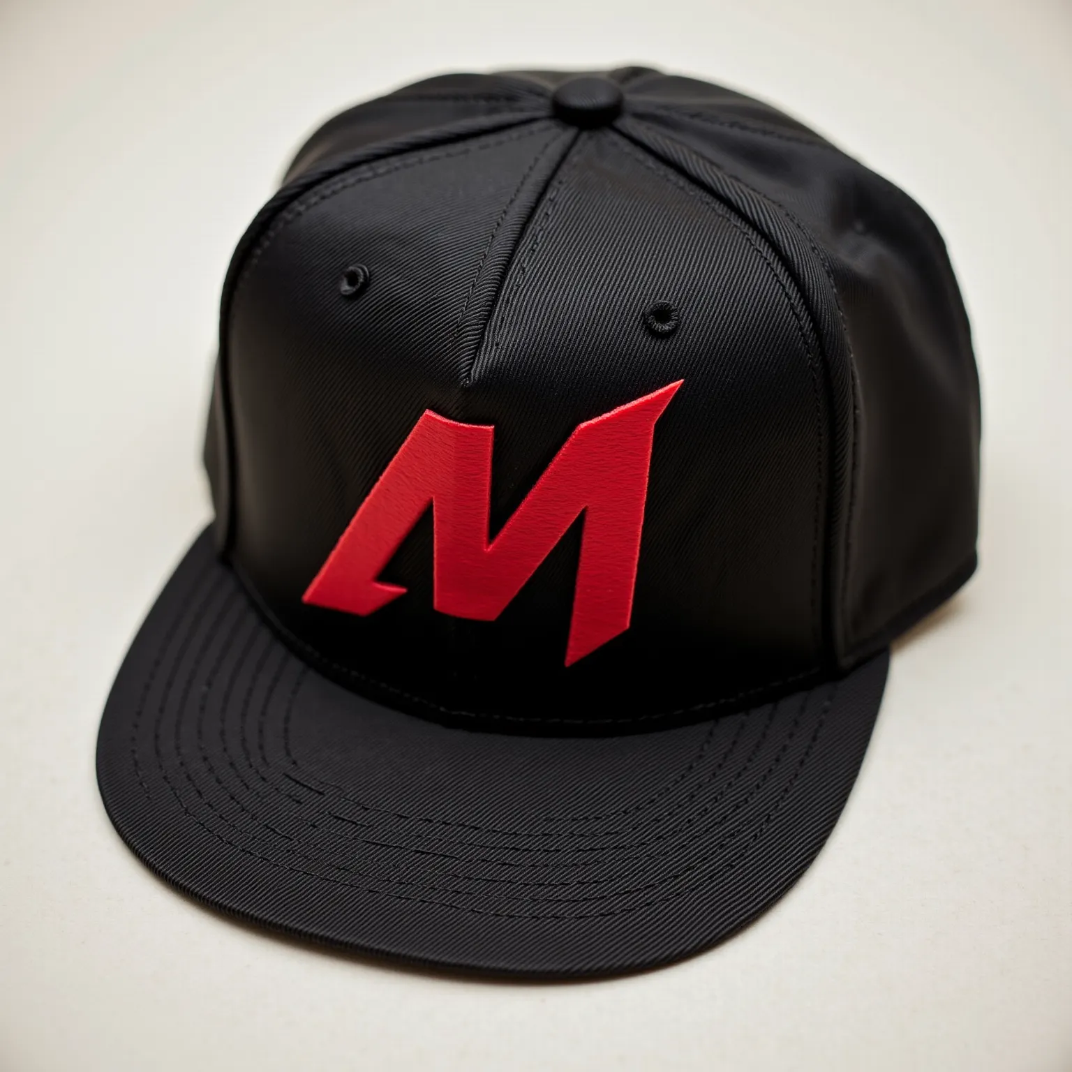 A cappy with a "m" On the front.the "m" 
Is dark red. The cap is black and the shade is dark red.