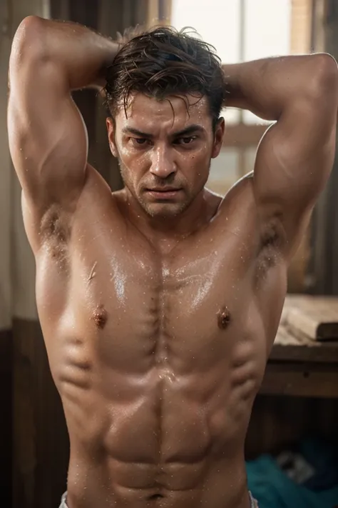 muscular man nailed to a wooden cross, his body covered in sweat, with visible armpit hair. His face looks weak and exhausted, eyes slightly open with a pained yet solemn expression. His muscular physique is tense, veins subtly visible under his sweaty ski...