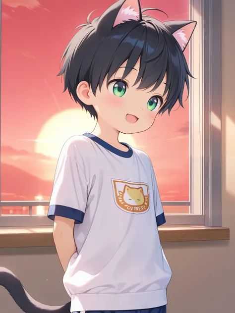 1boy, type-g, cat boy, black hair, green eyes, half-open mouth, smile face, loved face expression, indoor, outside, window, shirt, shorts, sunset, red sky, tail, (Summer short gym uniform), white top and navy blue school gym pants, look at me, best quality...